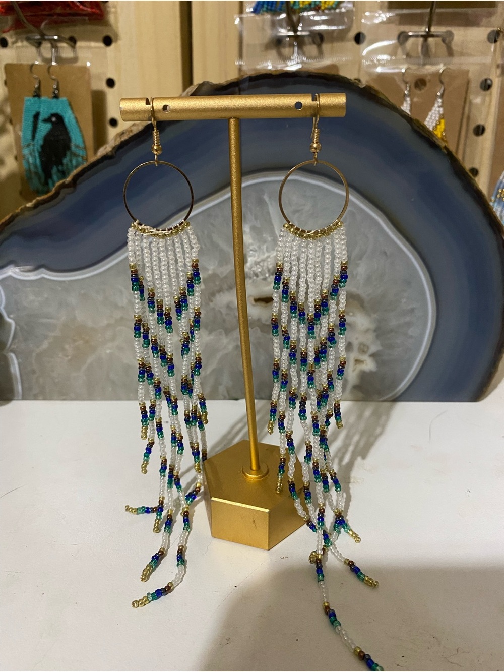 Gold Hoop Fringe Seed Bead Earrings in White & Multicolor